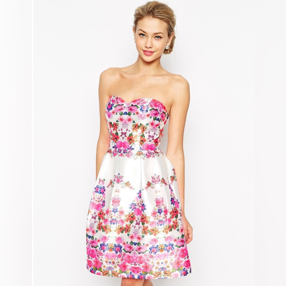 Chi Chi London Full Midi Dress With/Without Straps In Floral Print. Size 6